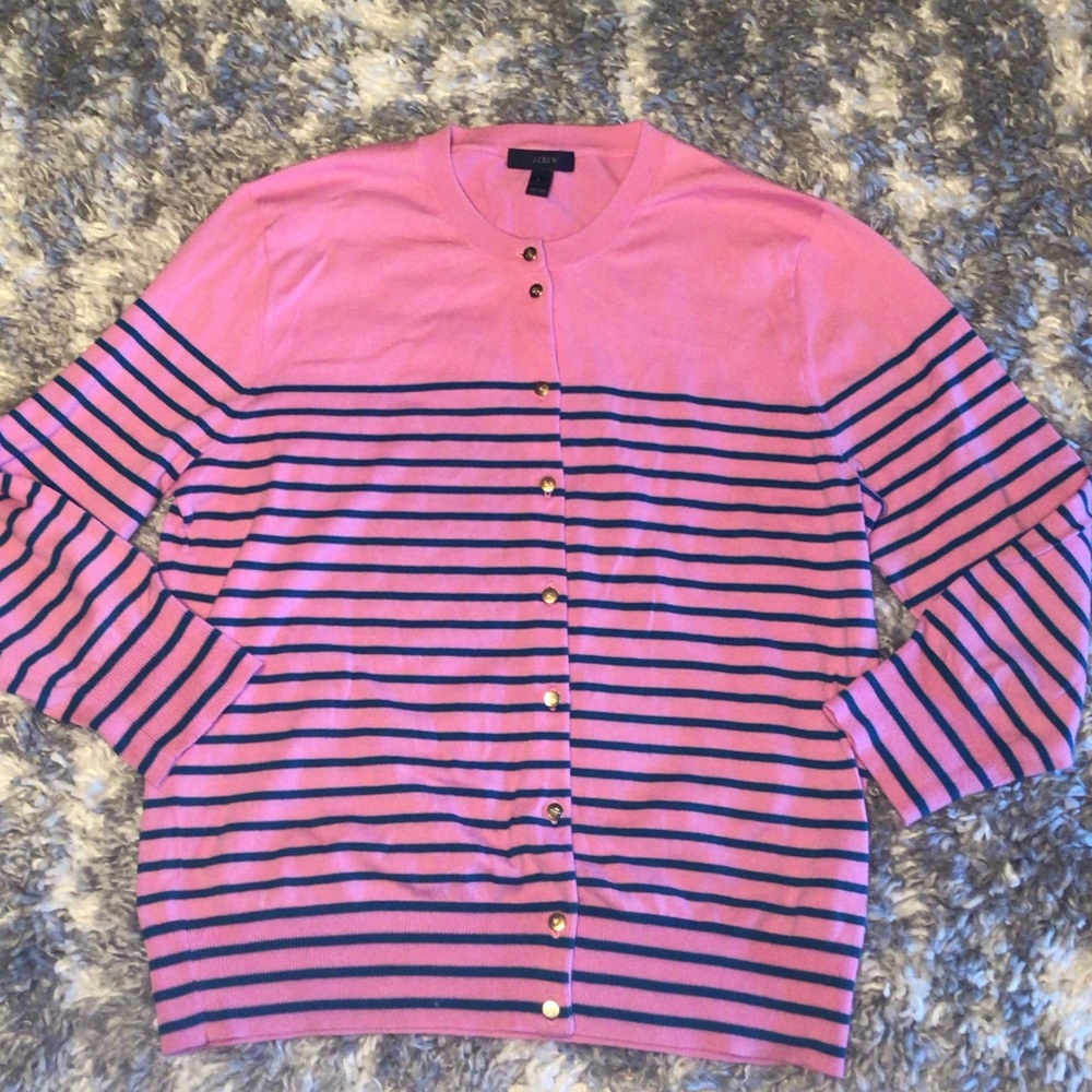 J Crew Pink Jackie Stripped Gold Anchor Buttons Sweater/Cardigan